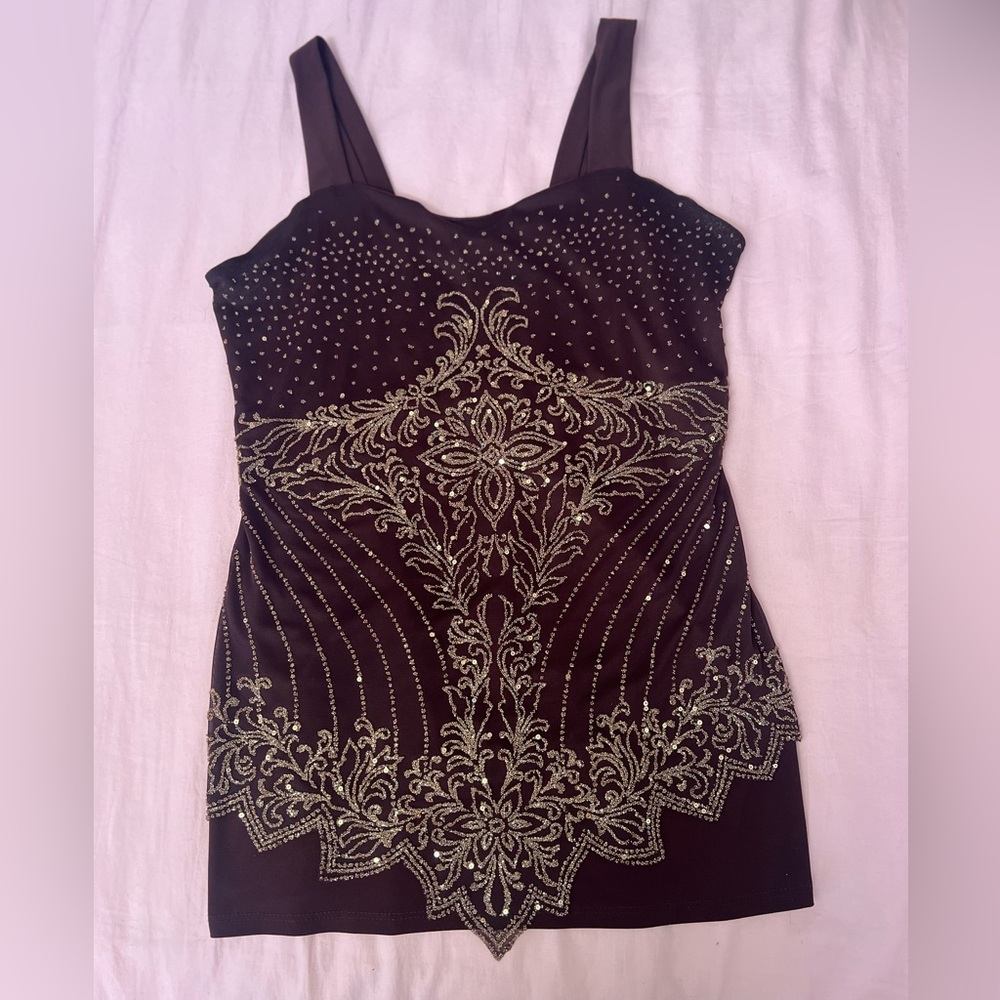 Vintage Y2K Embellished Brown Fairy Floral Glitter Top